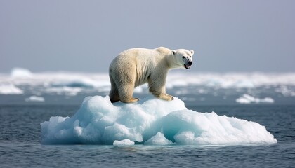 Risk-Taking concept. A polar bear stands on an ice floe in a vast ocean, showcasing the effects of climate change on its habitat.