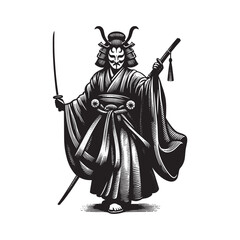 Fototapeta premium Monochrome Kabuki warrior in traditional garb with swords isolat