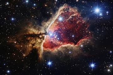 Cosmic nebula with vibrant red, orange, and gold hues, interspersed with bright blue stars against a dark background.
