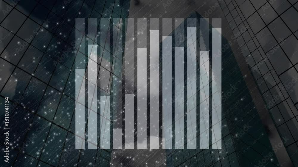 Poster bar graph animation over skyscraper with sparkling lights in background