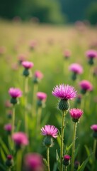 Fototapeta premium Field of thistles with pink and violet blooms swaying in wind, botanical, nature