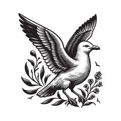 Obraz premium Seagull in Botanical Woodcut Style: Vintage Inspired Graphic Art