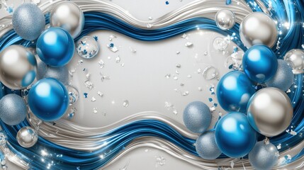 A realistic 3D birthday card with glossy blue and silver balloons, elegant ribbon swirls, and soft confetti details.