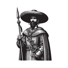 Fototapeta premium Ornate linocut illustration of a European guard with spear and w