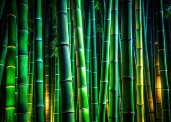 Obraz premium Night Photography: Illuminated Bamboo Texture, Dark Green Stalks, Mystical Forest