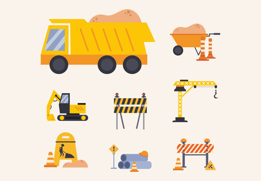 Colorful Construction Equipment Safety Workers Illustration