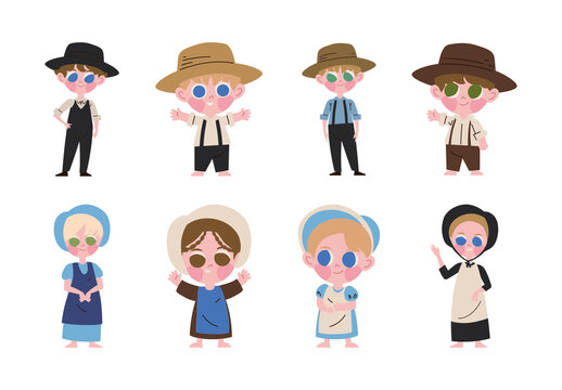 Colorful Amish Kids Traditional Lifestyle Illustration Set