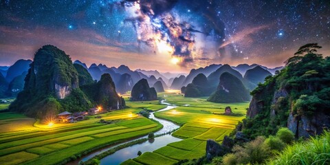 Fototapeta premium Night Photography in Ninh Binh, Vietnam: Scenic Rice Paddies and Limestone Mountains under Starry Sky