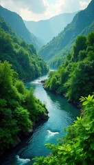 Fototapeta premium Lush green vegetation surrounds a winding river, serene landscape, foliage