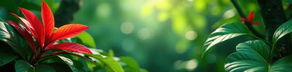 Obraz premium Lush red foliage swaying in the gentle breeze of the jungle, botanical, leaves, greenery