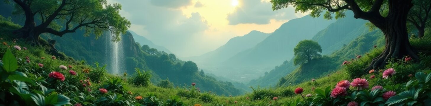 Lush landscape with rainwater and Tefnut's presence, natural, goddess