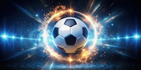 Fototapeta premium Soccer ball with LED lights glowing around it, surrounded by a halo of sparks , energy, , energy,dynamic