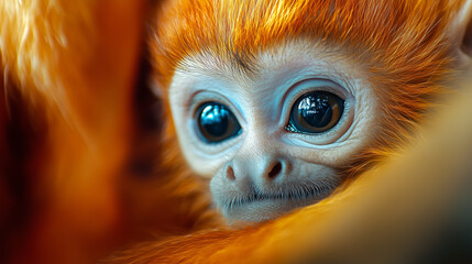 Fototapeta premium intimate portrait of baby monkey, its big eyes wide with wonder, nestled securely. Innocent, pure, and utterly captivating in its youthful curiosity