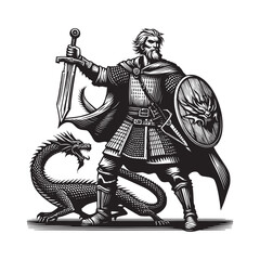 Valiant warrior with dragon-slaying sword illustration in woodcu