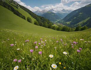 Fototapeta premium Idyllic mountain landscape in the Alps, blooming meadows in springtime, alpine meadow with wildflowers.