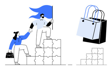 Two people climbing stacked puzzle pieces, holding hands, one holding a flag. Blue and black shopping bags floating. Ideal for teamwork, success, strategy, support, collaboration achievement