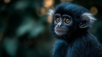 Obraz premium curious monkey portrait, focusing on its captivating eyes, set against blurred natural backdrop, radiating pure innocence