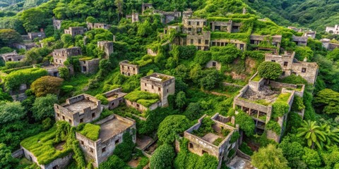 Fototapeta premium Overgrown Ruins of an Abandoned Hamlet, Reclaimed by Nature's Embrace, a Testament to Time's Passage and the Unrelenting Power of Vegetation