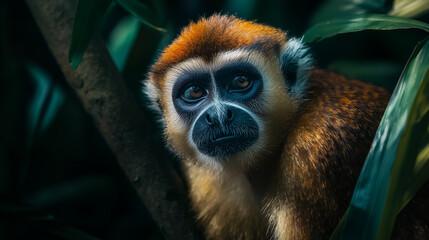 Fototapeta premium curious monkey peers from lush foliage, its expressive eyes hinting at intelligence and playful wonder in its jungle home