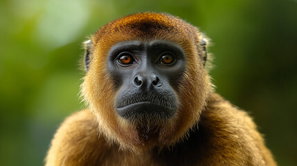 Obraz premium focused portrait captures pensive expression of monkey amidst lush rainforest, revealing its intriguing gaze