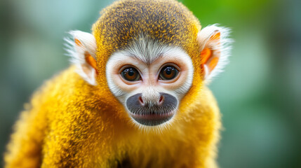 Obraz premium Golden monkey gazes intently, its expressive eyes reflecting curiosity and intelligence amid lush foliage, creating an endearing image