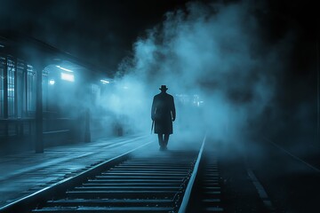 Mysterious Figure Walking in Foggy Train Station at Night