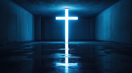 Glowing cross in dark, wet tunnel; faith, hope, spiritual journey