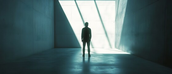 Silhouette of a solitary figure standing in a dark minimalist interior hallway with a bright window casting dramatic light and shadow effects  The scene evokes a mood of contemplation