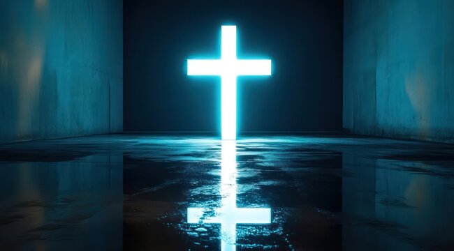 Glowing cross in dark room, reflecting on wet floor.  Religious art, faith concept