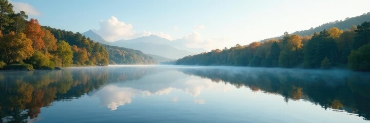 Fototapeta premium Reflection of trees and sky on the surface of a still and serene lake, serene, natural