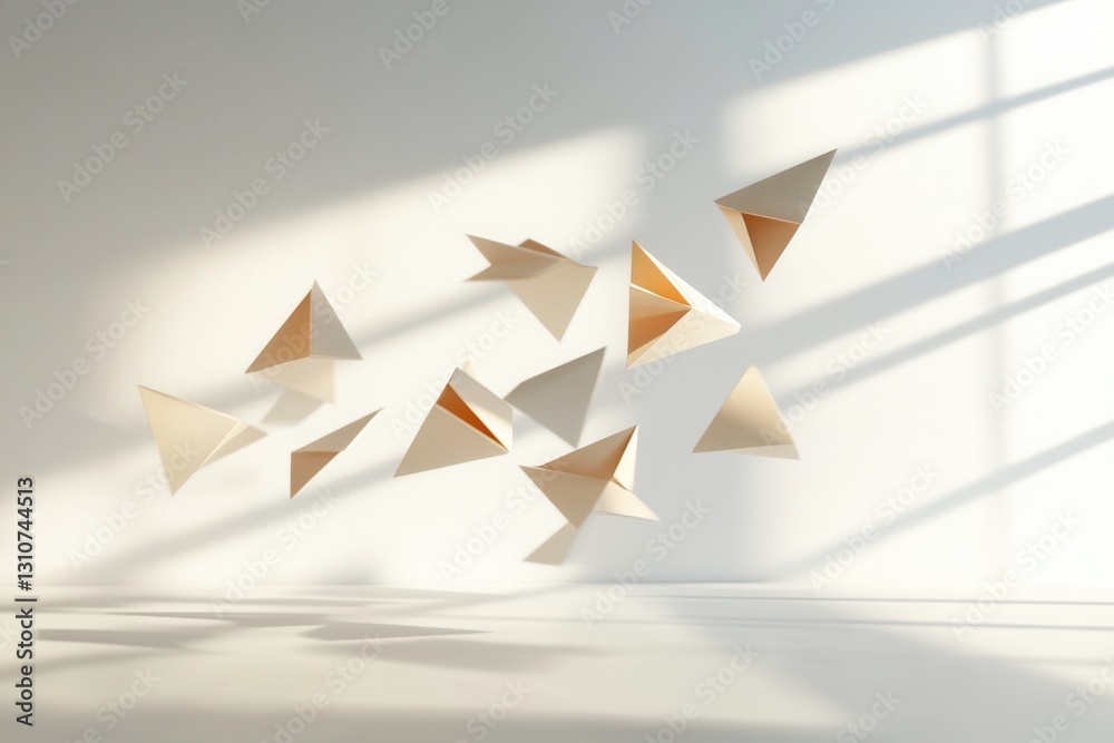 Poster Floating 3D shapes create an elegant composition with soft shadows and light reflections in a minimalist setting