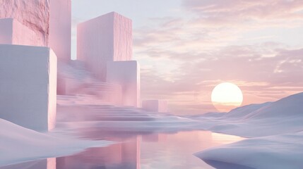 Fototapeta premium A soft, ethereal landscape of fluffy cubes, smooth dunes, and an endless reflective horizon.