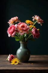 A dark still life with wilted flowers in a small vase on a rustic table , table, flowers © alain louis