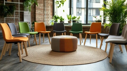 Fototapeta premium Cozy room featuring stylish chairs and a soft rug, perfect for relaxation and social gatherings in a comfortable setting