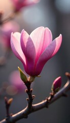 Fototapeta premium Soft pink petals unfolding on a bare tree branch, spring, magnolia