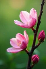 Obraz premium Soft pink petals unfurl on delicate branches in a gentle breeze, blossom, nature, leafy greens