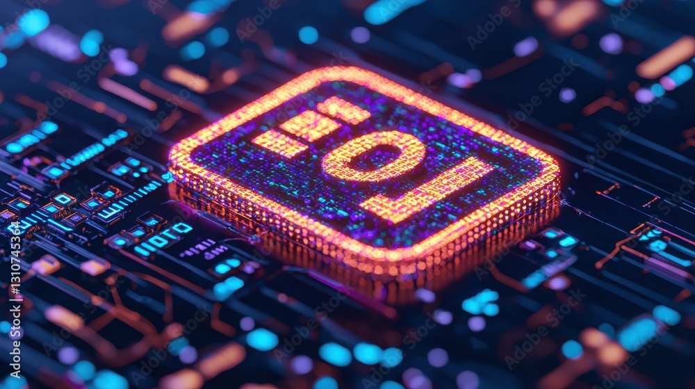 Poster digital technology circuit board with illuminated processor chip close-up view futuristic concept hi