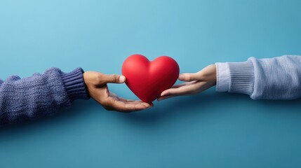 Two hands gently holding a red heart symbolizing love and compassion against a soft neutral background of togetherness