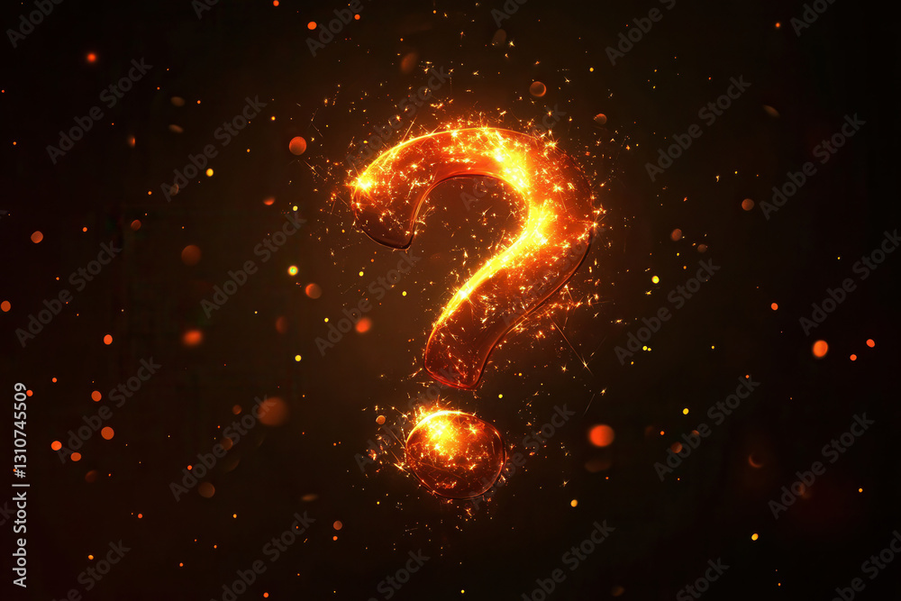 Poster minimalist modern icon of a glowing question mark surrounded by light bursts in a creative flat desi