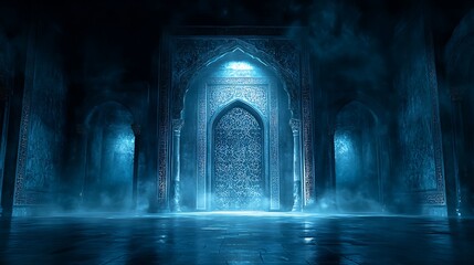 Mystical, illuminated, ancient doorway,  fantasy architectural,  illumination background