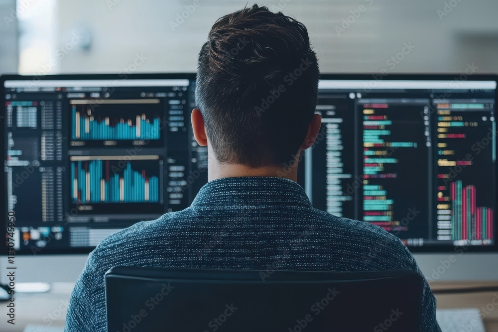 Poster analyzing data trends office workspace digital screens modern environment close-up view data visuali