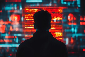 Silhouette of Person Analyzing Data on Screen with Red and Blue Lights