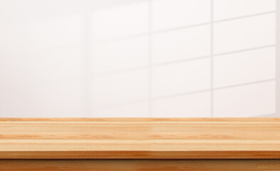 Closeup Clear wooden studio background on white background with window shadow