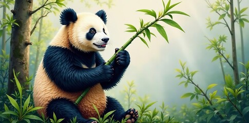 Fototapeta premium Adorable panda painting, eating bamboo on canvas, artistic wildlife, colorful design, painting, animal