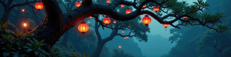 Twinkling lanterns adorn a gnarled tree's branches, lanterns, foliage, mystical atmosphere