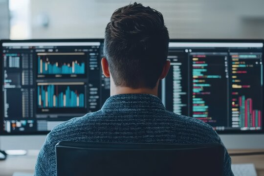 Analyzing data trends office workspace digital screens modern environment close-up view data visualization techniques