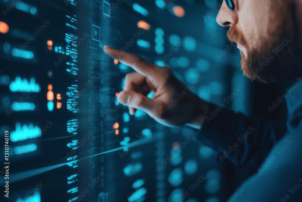 Poster data interaction by professional analyst in tech environment close-up focus on digital interface and