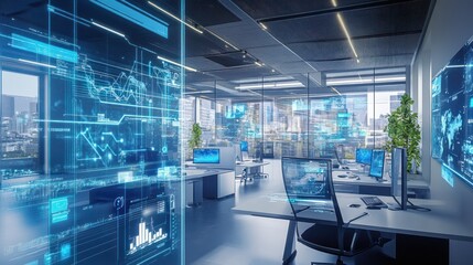 Futuristic Office Workspace: Digital Transformation and Innovation