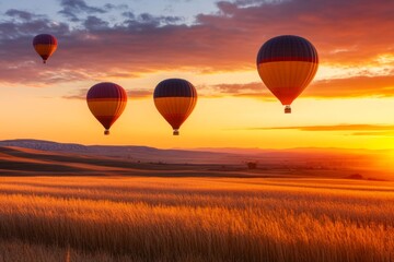 Naklejka premium A tranquil scene of hot air balloons rising into a colorful sunset sky, their shapes silhouetted against the vibrant horizon