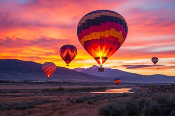 Fototapeta premium A tranquil scene of hot air balloons rising into a colorful sunset sky, their shapes silhouetted against the vibrant horizon
